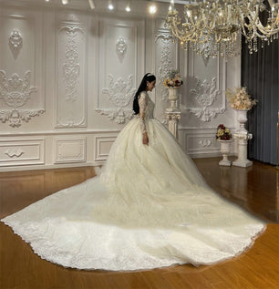 Women's V-Neck Full Sleeves Sweep Train Bridal Wedding Dress