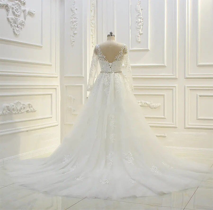 Women's V-Neck Long Sleeves Court Train A-Line Wedding Dress