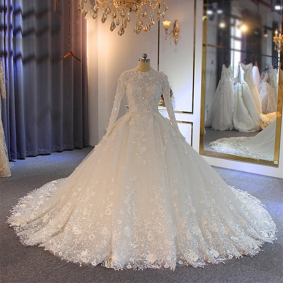 Women's O-Neck Full Sleeves Cathedral Train Bridal Wedding Dress