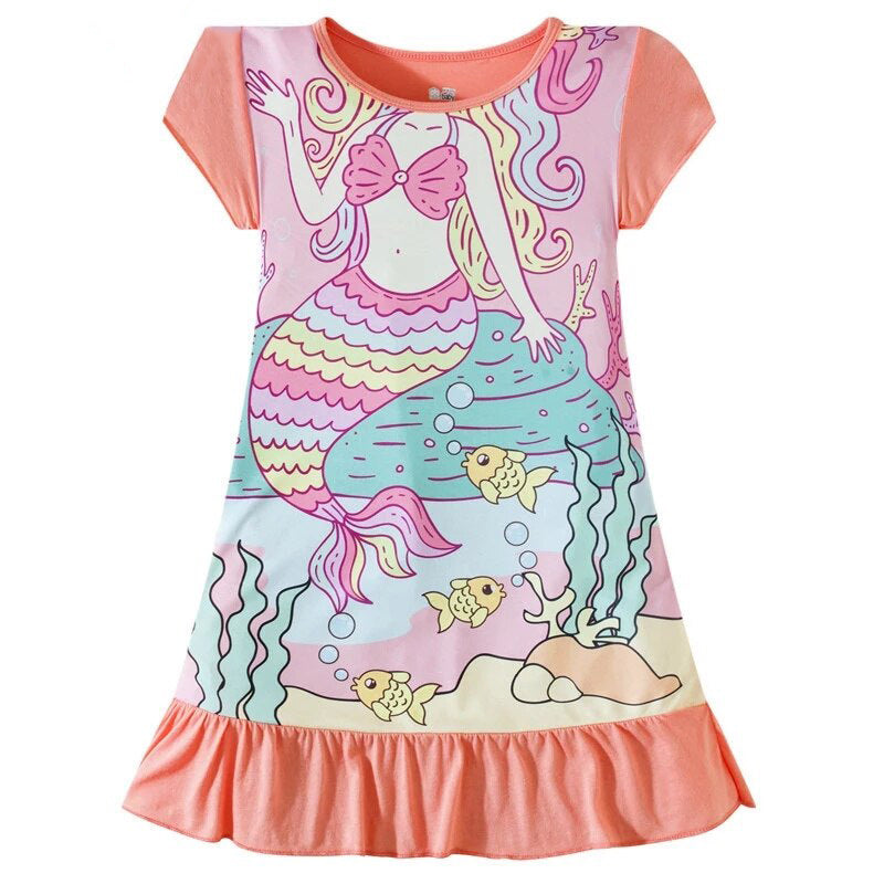 Kid's O-Neck Cotton Short Sleeves Cartoon Pattern Nightgowns