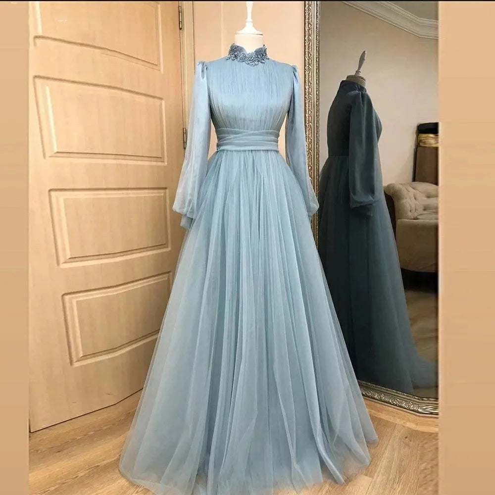 Women's Polyester High Neck Full Sleeves Prom Evening Dress