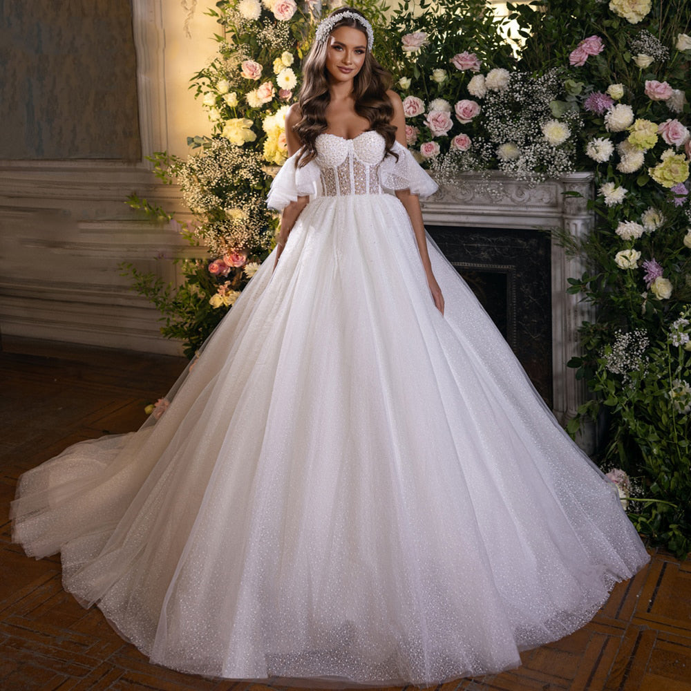 Women's Sweetheart Neck Off-Shoulder Court Train Wedding Dress