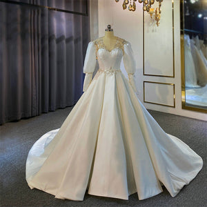 Women's V-Neck Full Sleeves Chapel Train Bridal Wedding Dress