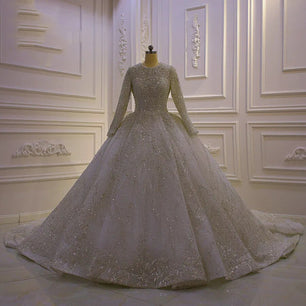 Women's O-Neck Long Sleeves Court Train Bridal Wedding Dress