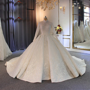 Women's High-Neck Full Sleeves Sweep Train Bridal Wedding Dress