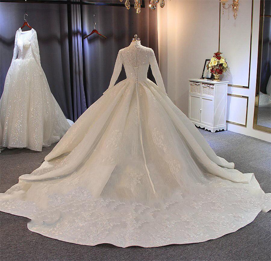 Women's High-Neck Full Sleeves Sweep Train Bridal Wedding Dress