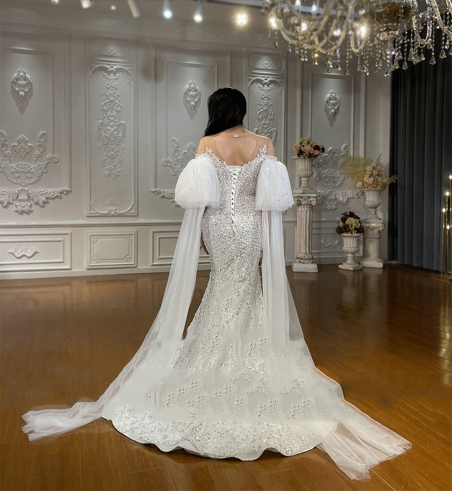 Women's Sweetheart-Neck Full Sleeves Court Train Wedding Dress