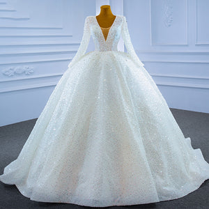 Women's V-Neck Full Sleeves Court Train Bridal Wedding Dress