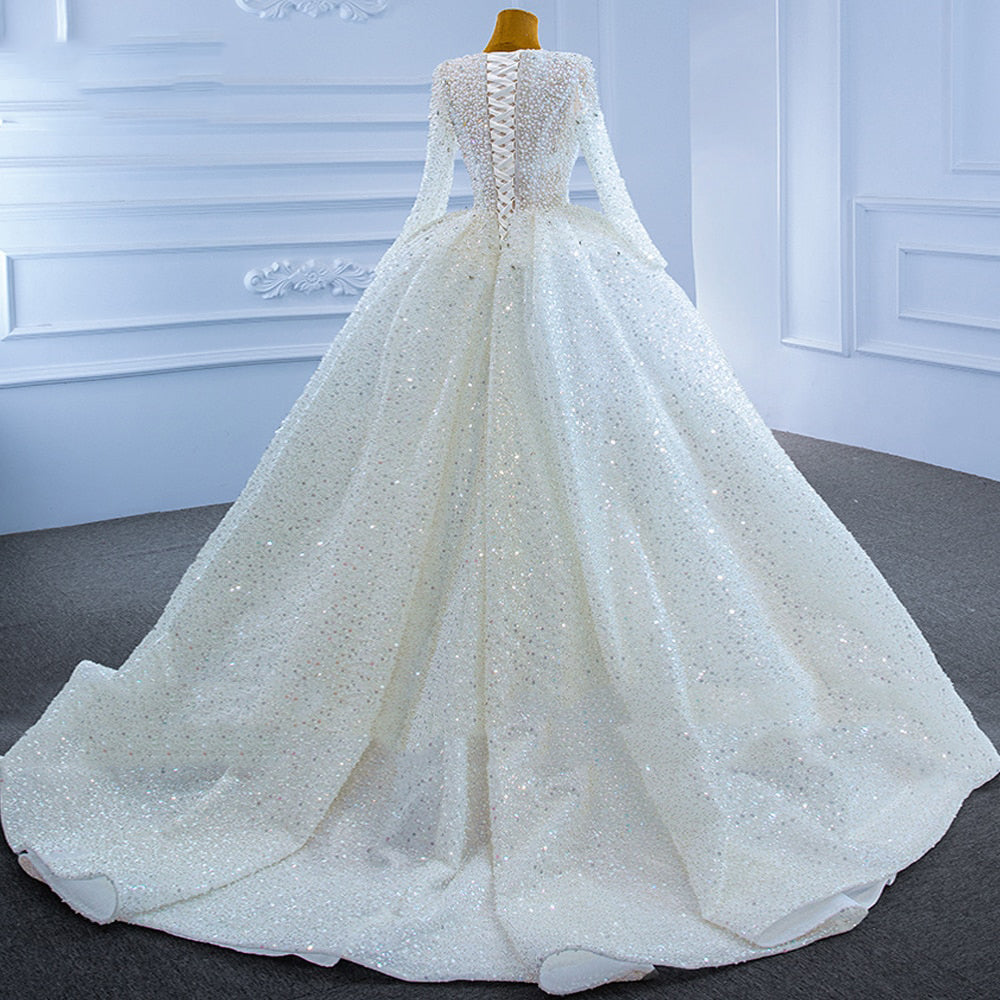 Women's V-Neck Full Sleeves Court Train Bridal Wedding Dress