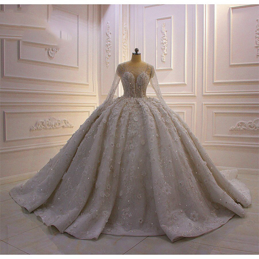 Women's Sweetheart-Neck Full Sleeves Court Train Wedding Dress