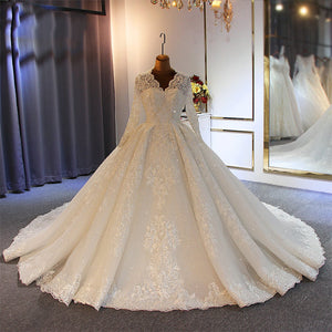 Women's V-Neck Full Sleeves Sweep Train Bridal Wedding Dress