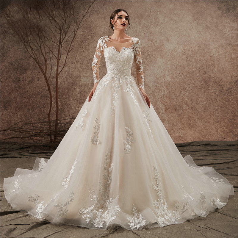 Women's O-Neck Full Sleeves Court Train Bridal Wedding Dress