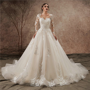 Women's O-Neck Full Sleeves Court Train Bridal Wedding Dress