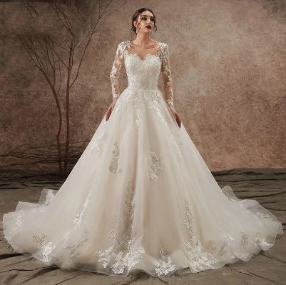 Women's V-Neck Long Sleeves Sweep Train Bridal Wedding Dress