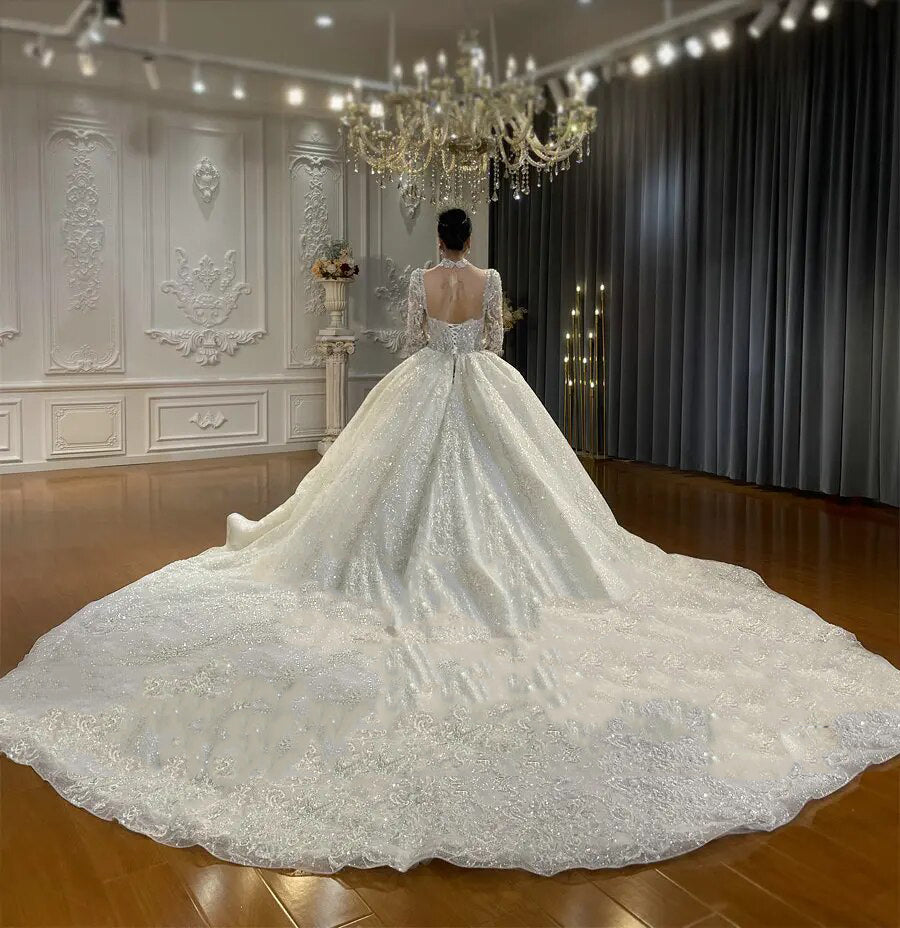 Women's High-Neck Long Sleeve Sweep Train Ball Gown Wedding Dress