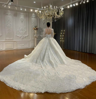 Women's High-Neck Long Sleeve Sweep Train Ball Gown Wedding Dress