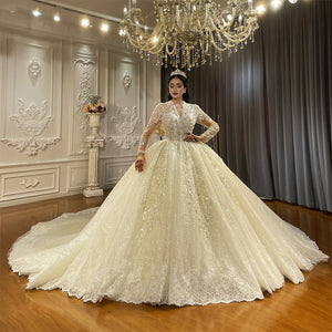 Women's V-Neck Full Sleeves Sweep Train Bridal Wedding Dress