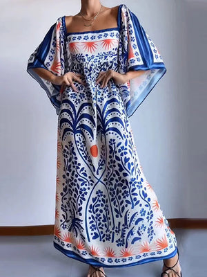 Women's Polyester Square-Neck Long Sleeves Printed Pattern Dress