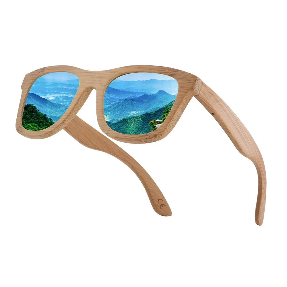 Men's Bamboo Frame Polaroid Lens Square Shaped UV400 Sunglasses