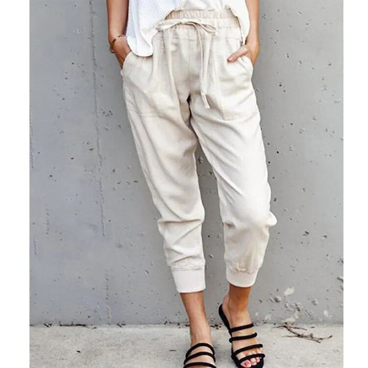 Women's Polyester Drawstring Closure Solid Pattern Casual Trousers