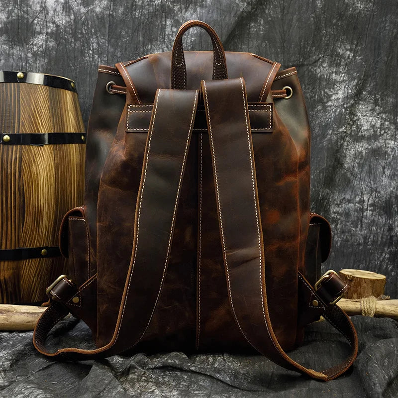 Men's Genuine Leather String Closure Solid Pattern Backpack