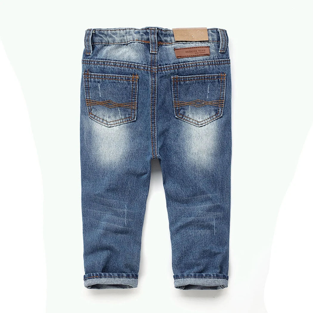 Kid's Cotton Elastic Waist Closure Ripped Denim Casual Jeans