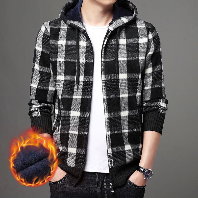 Men's Polyester Full Sleeves Zipper Closure Hooded Plaid Jacket