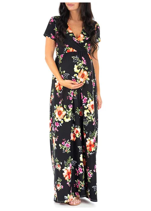 Women’s Polyester V-Neck Short Sleeves Floral Maternity Dress