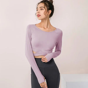 Women's O-Neck Nylon Long Sleeves Solid Pattern Yoga Fitness Tops