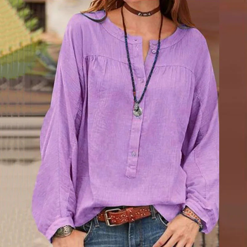 Women's O-Neck Polyester Long Sleeve Solid Pullover Blouses