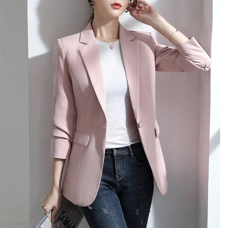 Women's Notched Collar Full Sleeve Single Button Casual Blazer