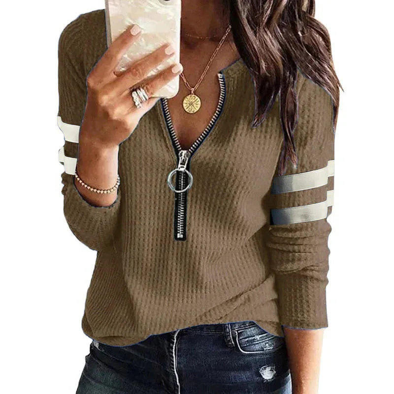 Women's Polyester O-Neck Long Sleeves Striped Pattern Casual Tops