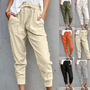 Women's Polyester Drawstring Closure Solid Pattern Casual Trousers