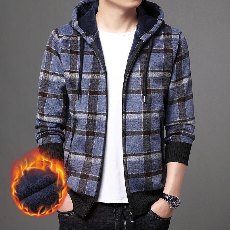 Men's Polyester Full Sleeves Zipper Closure Hooded Plaid Jacket