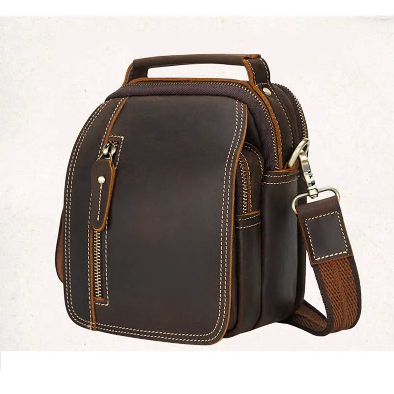 Men's Genuine Leather Zipper Closure Solid Pattern Shoulder Bag