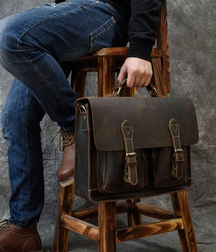 Men's Genuine Leather Zipper Closure Solid Pattern Shoulder Bag