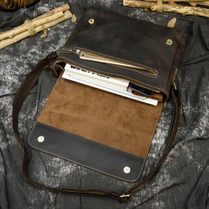 Men's Genuine Leather Zipper Closure Solid Pattern Shoulder Bag