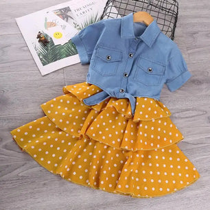 Kid's Cotton Turn-Down Collar Short Sleeve Dotted Pattern Clothes