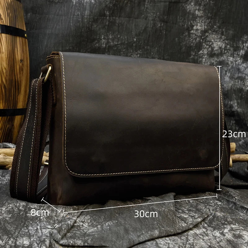 Men's Genuine Leather Zipper Closure Flap Pocket Shoulder Bag