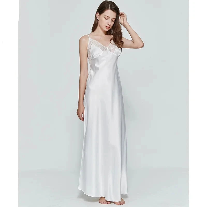 Women's Silk V-Neck Sleeveless Patchwork Casual Nightwear Gown