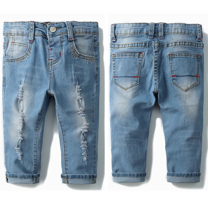 Kid's Cotton Elastic Waist Closure Ripped Pattern Casual Jeans