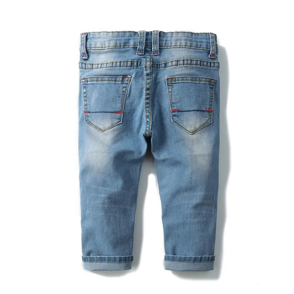 Kid's Cotton Elastic Waist Closure Ripped Denim Casual Jeans