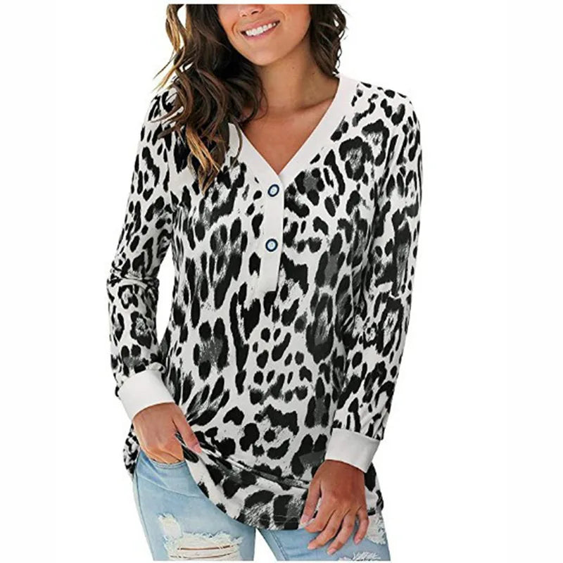 Women's Polyester V-Neck Long Sleeve Leopard Pattern Casual Tops