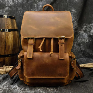 Men's Genuine Leather Solid Pattern Zipper Closure Backpack