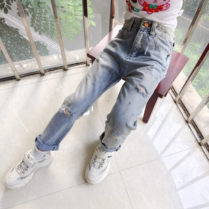 Kid's Cotton Mid Elastic Waist Closure Casual Wear Denim Pants