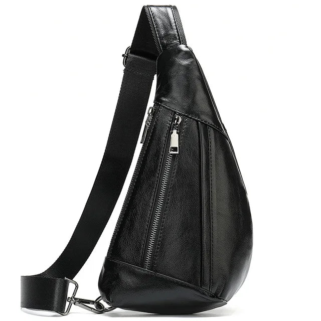 Men's Genuine Leather Zipper Closure Solid Pattern Shoulder Bag