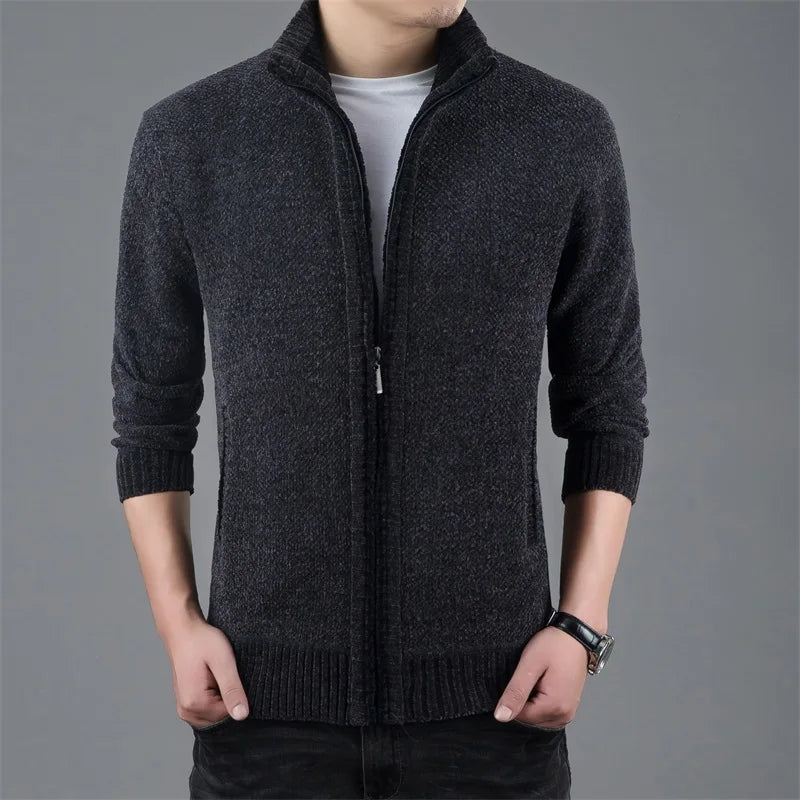 Men's Polyester Stand Collar Long Sleeves Solid Pattern Jacket