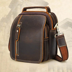 Men's Genuine Leather Zipper Closure Solid Pattern Shoulder Bag