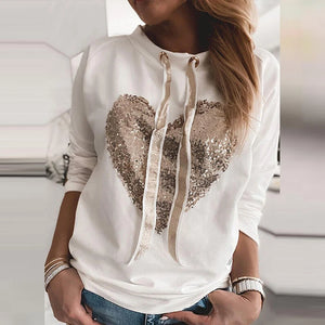 Women's O-Neck Polyester Long Sleeve Heart Pullover Blouses