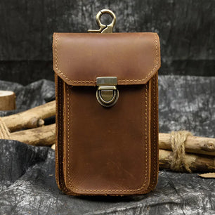 Men's Genuine Leather Solid Pattern Hasp Closure Waist Pack